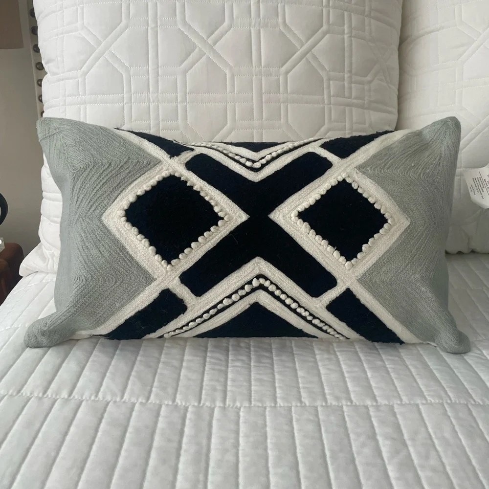 West Elm Gray Embroidered Accent Textured Throw Pillow 12” X 21” Modern White